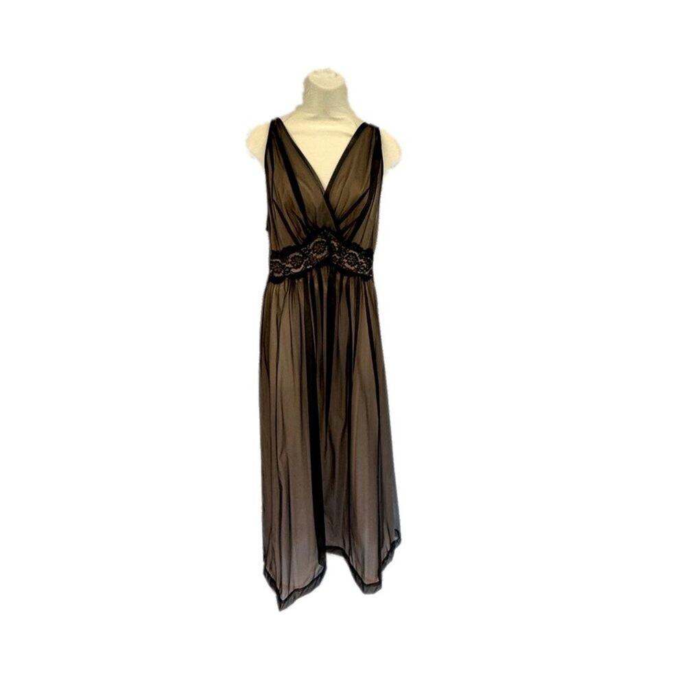 Vanity Fair Size 34 Black & Apricot Sheer Long Nylon Tricot Nightgown
